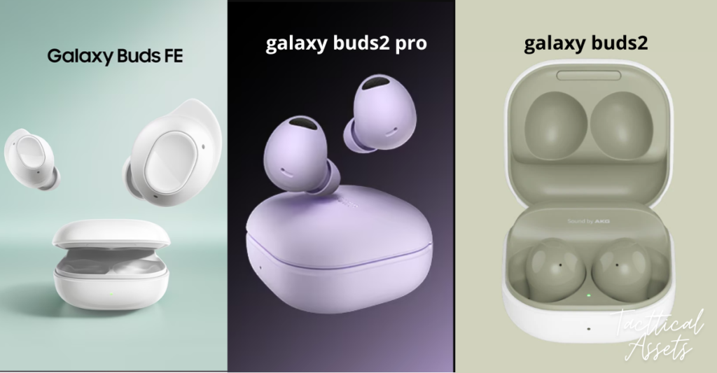 Comparison of Samsung Galaxy Buds FE, Buds2, and Buds2 Pro: Featuring illustrations of the three earbud models with the title 'Galaxy Buds FE vs Buds2 vs Buds2 Pro: Which is Best?' in a clean, modern design.